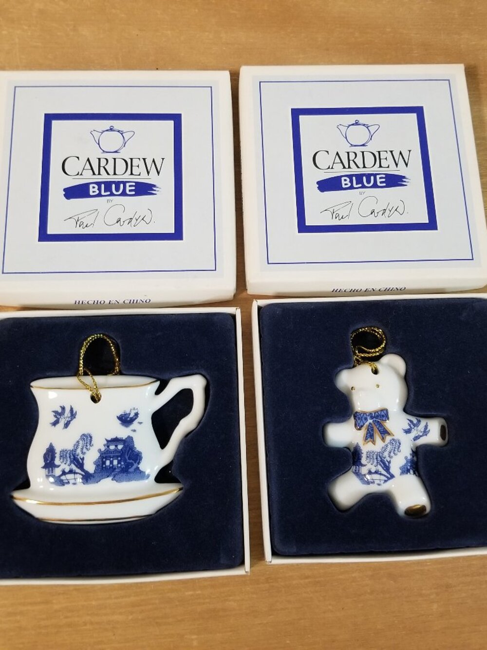 Vintage (2000) Pair Cardew Blue Christmas Ornaments – Teddy Bear and Cup/Saucer